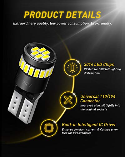 AUXITO 194 LED Bulbs for License Plate Light 168 175 2825 W5W T10 24-SMD 3014 Chipsets 6000K White (Pack of 2)