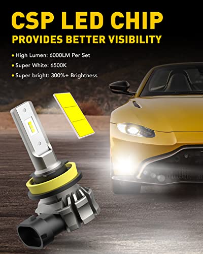 AUXITO H11/H8/H16 LED Fog Light Bulbs or DRL, 6000 Lumens 6500K Cool White Light, 300% Brightness, CSP LED Chips Fog Lamps Replacement (Pack of 2)