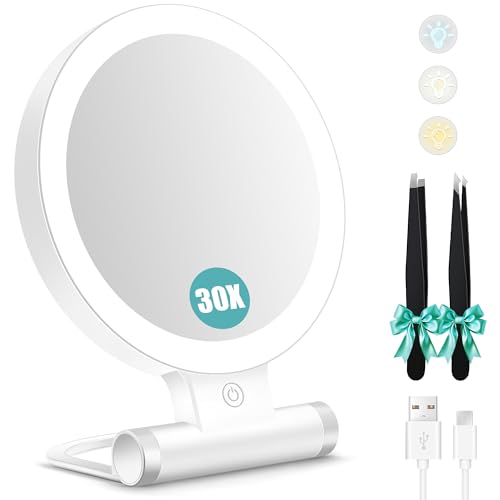 B Beauty Planet Magnifying Mirror with Light 30X, Double-Sided 1X/ 30X Magnifying Makeup Mirror with Tweezer, 2000mAh 3 Colour Modes