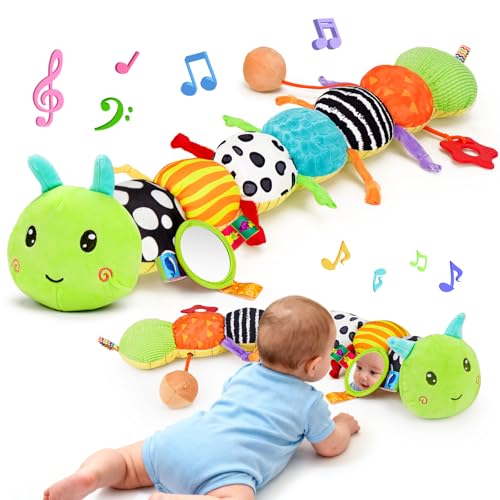 Baby Sensory Toy 0-6 Month Music Animal Stuffed Plush Caterpillar Toy for Infant 0-3-6-12 Month Old Tummy Time with Mirror Crinkle Rattle Toys