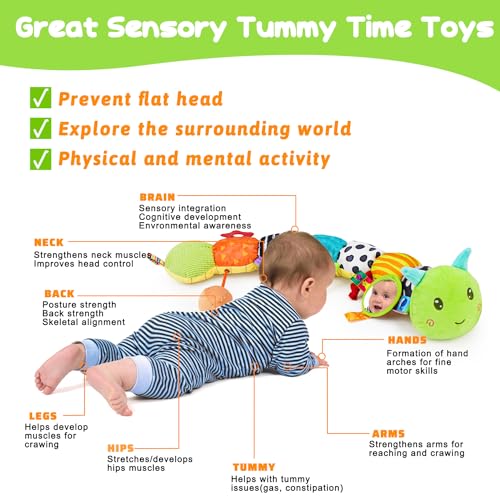 Baby Sensory Toy 0-6 Month Music Animal Stuffed Plush Caterpillar Toy for Infant 0-3-6-12 Month Old Tummy Time with Mirror Crinkle Rattle Toys