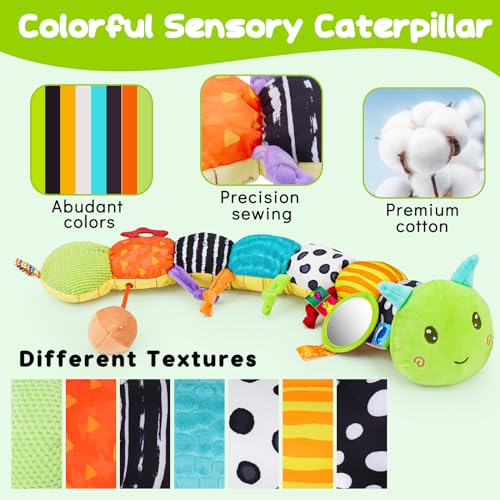 Baby Sensory Toy 0-6 Month Music Animal Stuffed Plush Caterpillar Toy for Infant 0-3-6-12 Month Old Tummy Time with Mirror Crinkle Rattle Toys
