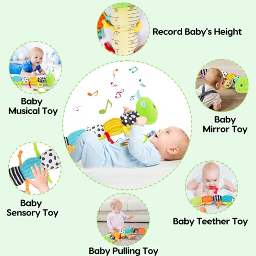 Baby Sensory Toy 0-6 Month Music Animal Stuffed Plush Caterpillar Toy for Infant 0-3-6-12 Month Old Tummy Time with Mirror Crinkle Rattle Toys