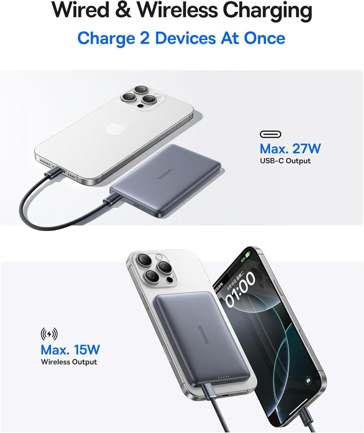 Baseus Picogo Magnetic Portable Charger, Qi2 15W 0.5" Ultra Slim 10000mAh Wireless Power Bank