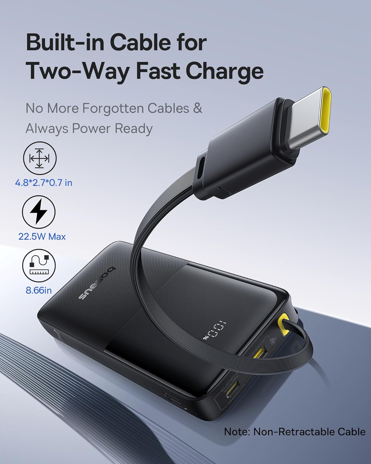 Baseus Portable Charger, 10000mAh Fast Charging Power Bank, 22.5W PD3.0 QC3.0 Battery Pack Built-in USB C Braided Cable