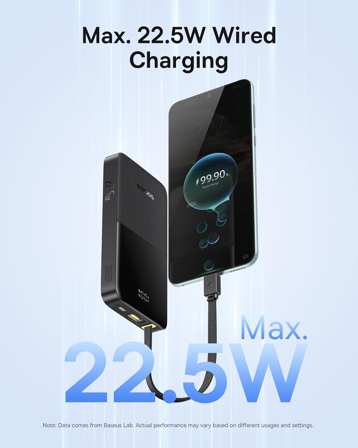 Baseus Portable Charger, 10000mAh Fast Charging Power Bank, 22.5W PD3.0 QC3.0 Battery Pack Built-in USB C Braided Cable