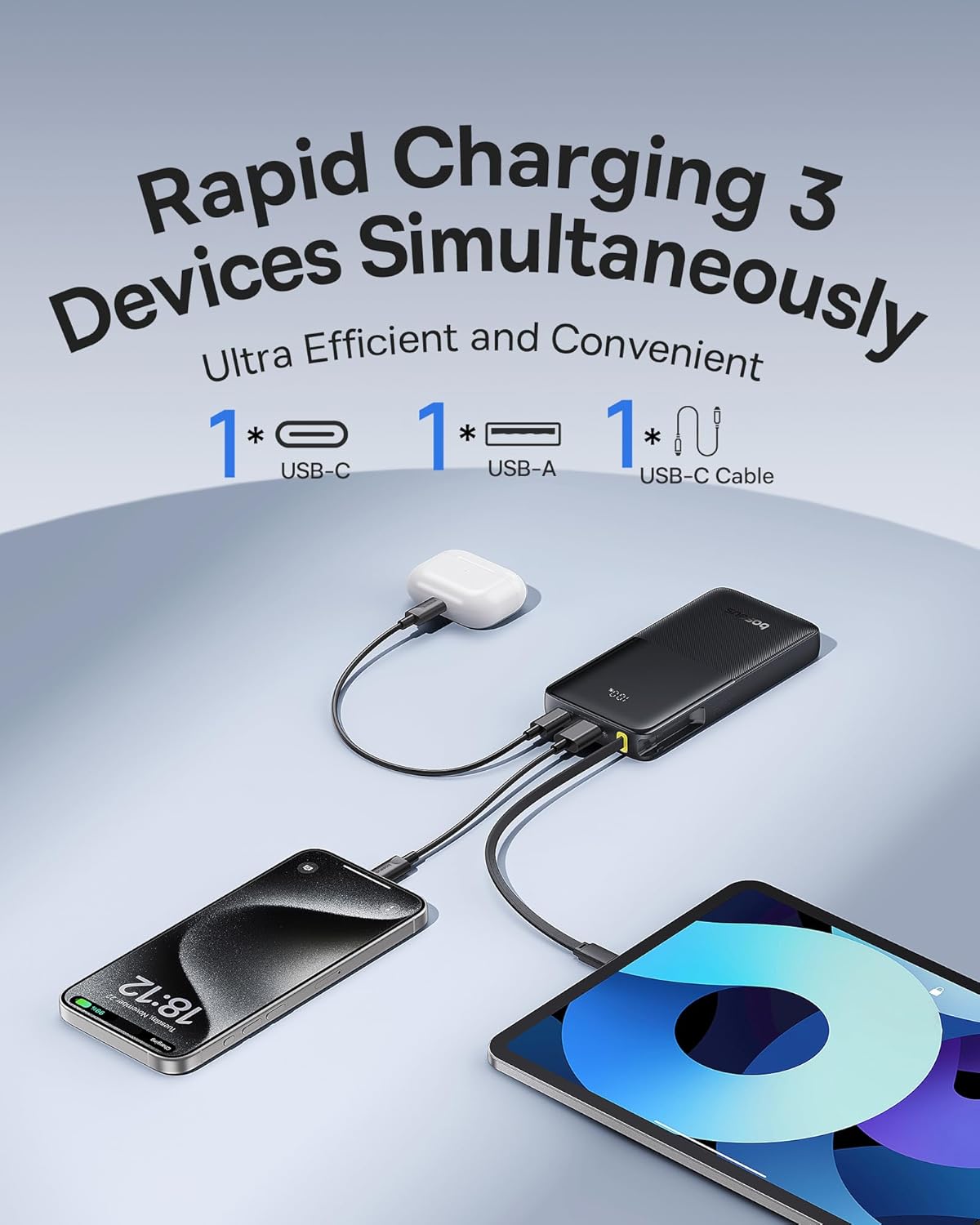 Baseus Portable Charger, 10000mAh Fast Charging Power Bank, 22.5W PD3.0 QC3.0 Battery Pack Built-in USB C Braided Cable