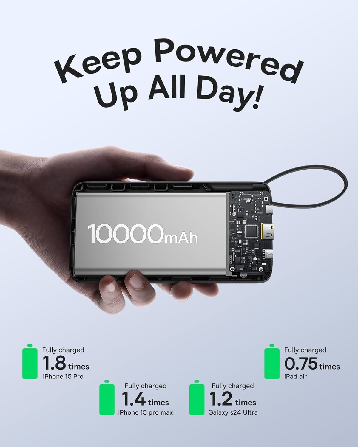 Baseus Portable Charger, 10000mAh Fast Charging Power Bank, 22.5W PD3.0 QC3.0 Battery Pack Built-in USB C Braided Cable