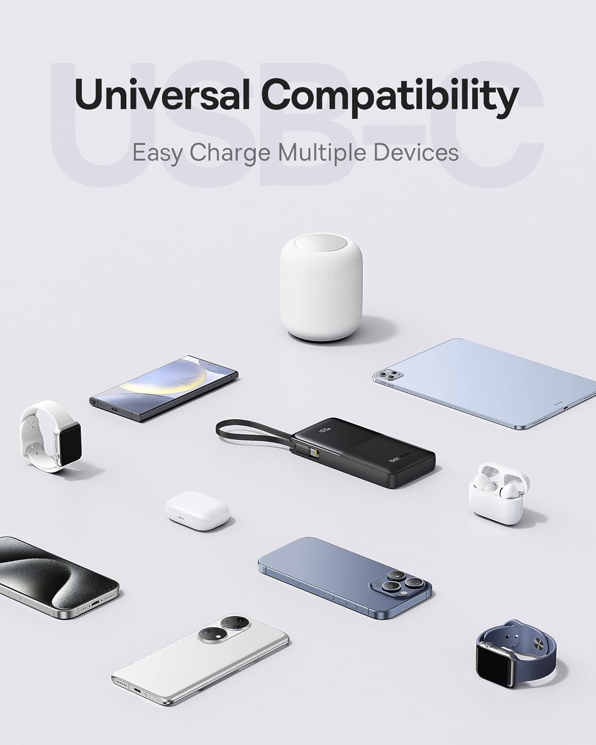 Baseus Portable Charger, 10000mAh Fast Charging Power Bank, 22.5W PD3.0 QC3.0 Battery Pack Built-in USB C Braided Cable