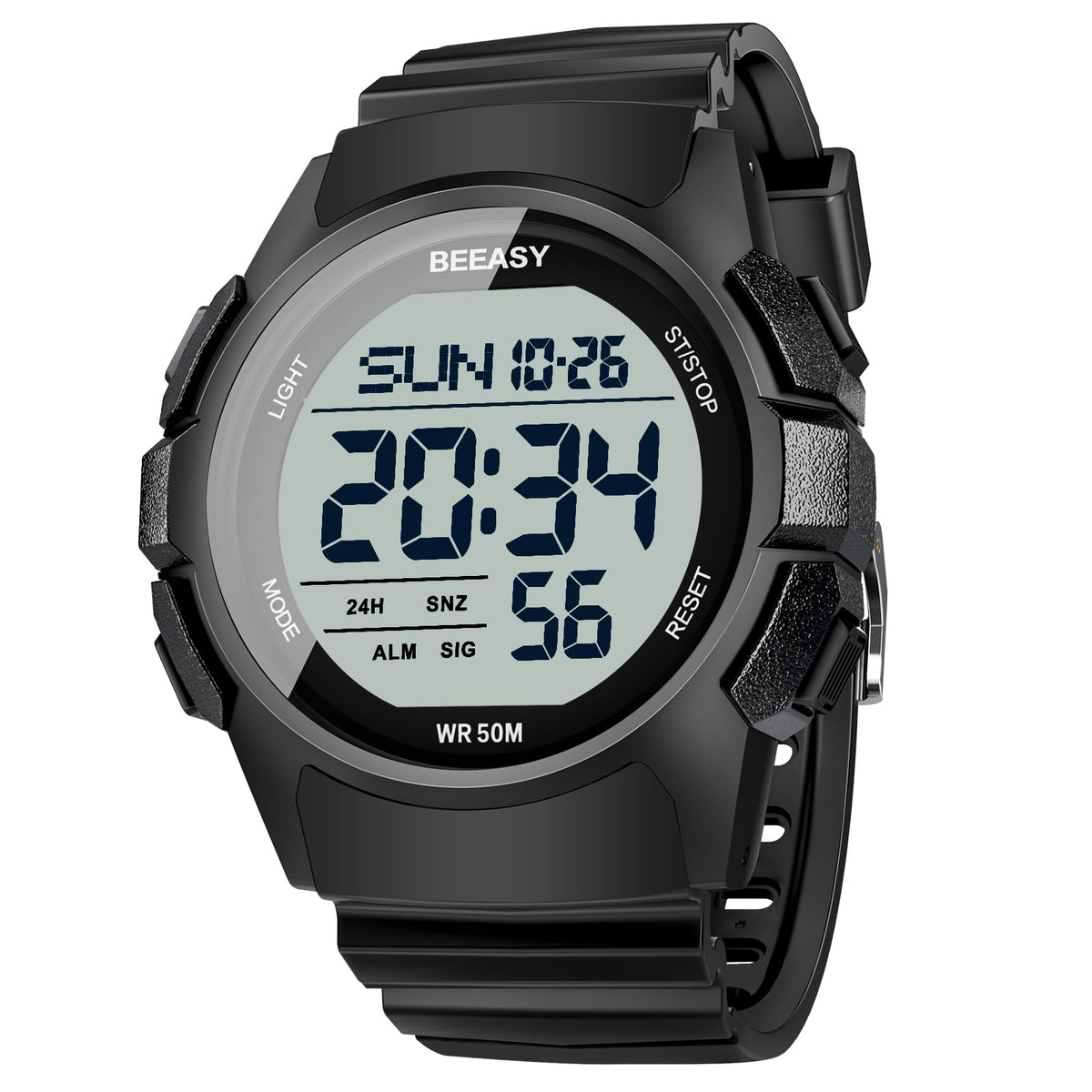 Beeasy Mens Digital Sports Watch, 50M Waterproof 49mm Rubber Strap Mens Watches with Stopwatch, Countdown Timer, Alarm & Dual Time—Ideal for Sport