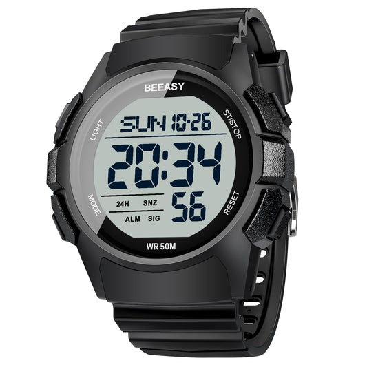 Beeasy Mens Digital Sports Watch, 50M Waterproof 49mm Rubber Strap Mens Watches with Stopwatch, Countdown Timer, Alarm & Dual Time—Ideal for Sport