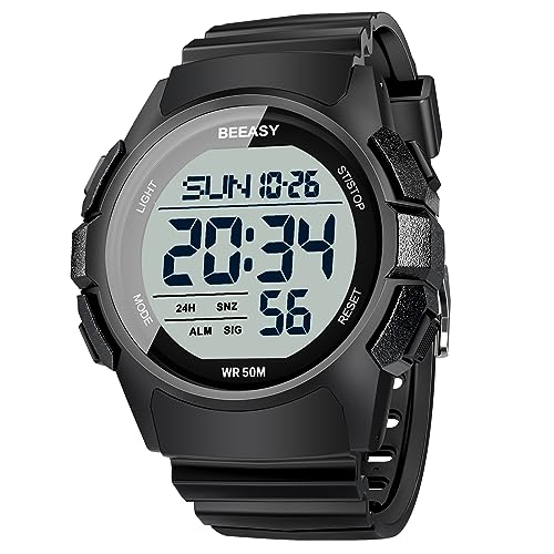 Beeasy Mens Digital Sports Watch, 50M Waterproof 49mm Rubber Strap Mens Watches with Stopwatch, Countdown Timer, Alarm & Dual Time—Ideal for Sport