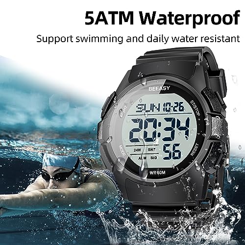 Beeasy Mens Digital Sports Watch, 50M Waterproof 49mm Rubber Strap Mens Watches with Stopwatch, Countdown Timer, Alarm & Dual Time—Ideal for Sport