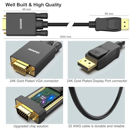 BENFEI DisplayPort to VGA Cable, 1.8M Display Port of Computer/Laptop to VGA of Monitor/Projector Gold-Plated Adapter