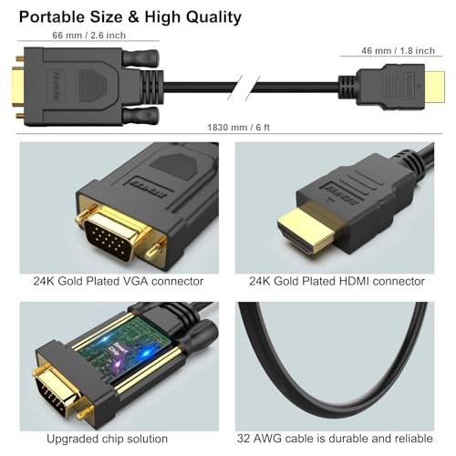BENFEI HDMI to VGA 6 Feet Cable, Uni-Directional HDMI Computer to VGA Monitor Cable (Male to Male) Compatible for Computer, Desktop, Laptop, PC