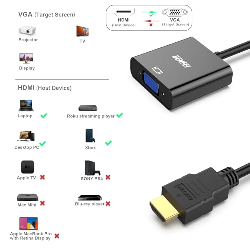BENFEI HDMI to VGA, Gold-Plated Adapter (Male to Female) for Computer, Desktop, Laptop, PC, Monitor, Projector, HDTV, Chromebook, Raspberry Pi (Black)