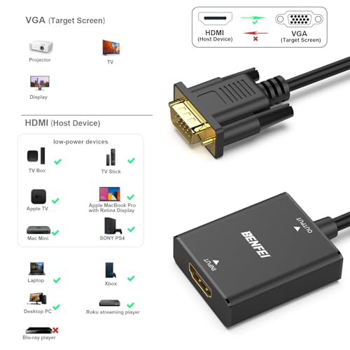 BENFEI HDMI to VGA, Uni-Directional HDMI Computer to VGA Monitor Adapter (Female to Male) with 3.5mm Audio Jack Compatible with TV Stick, Computer