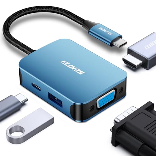 BENFEI USB C HUB 4-in-1, USB Type-C to HDMI VGA Adapter, USB C to USB Adapter, USB Type-C Power Delivery, Compatible with iPhone 15 Pro/Max