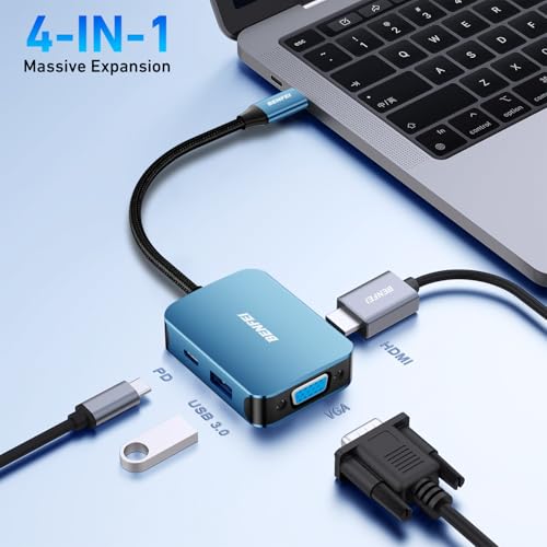 BENFEI USB C HUB 4-in-1, USB Type-C to HDMI VGA Adapter, USB C to USB Adapter, USB Type-C Power Delivery, Compatible with iPhone 15 Pro/Max