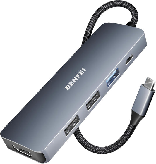 BENFEI USB C Hub 5-in-1 with 4K HDMI(Certified), 100W Power Delivery, 3 USB-A, Silicone Cable, Aluminum Case Compatible with MacBook Pro/Air, iPad Pro