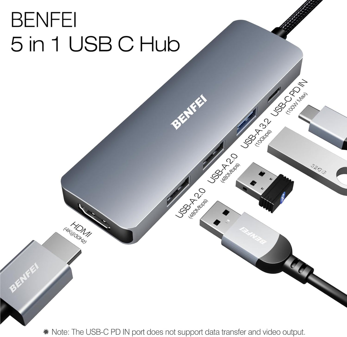 BENFEI USB C Hub 5-in-1 with 4K HDMI(Certified), 100W Power Delivery, 3 USB-A, Silicone Cable, Aluminum Case Compatible with MacBook Pro/Air, iPad Pro