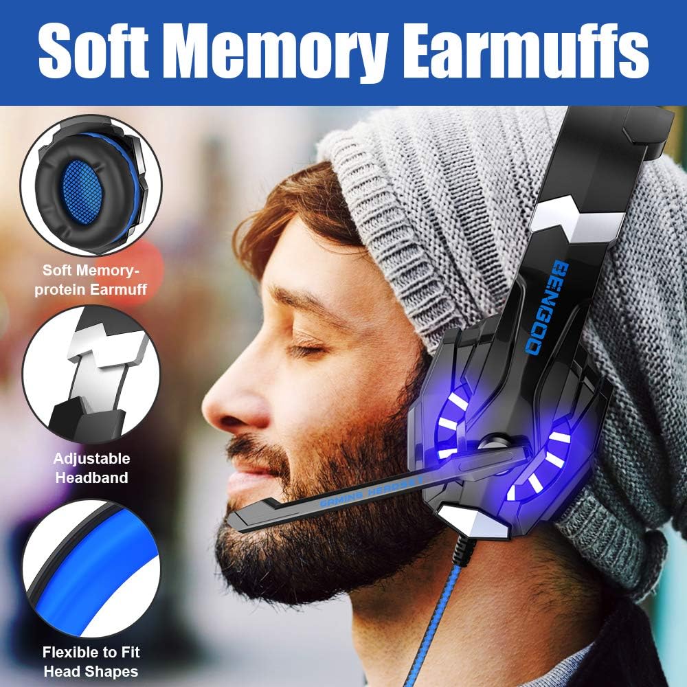 BENGOO G9000 Stereo Gaming Headset for PS4 PC Xbox One PS5 Controller, Noise Cancelling Over Ear Headphones with Mic, LED Light, 7.1 Surround Sound