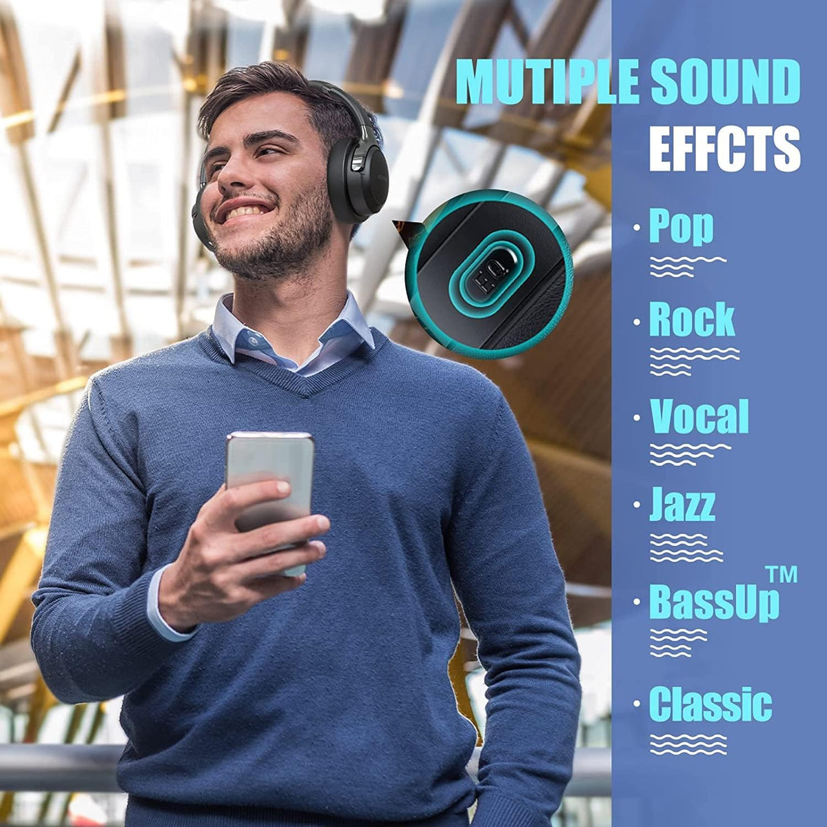 BERIBES Bluetooth Headphones Over Ear, 65H Playtime and 6 EQ Music Modes Wireless Headphones with Microphone, HiFi Stereo Foldable Lightweight Headset