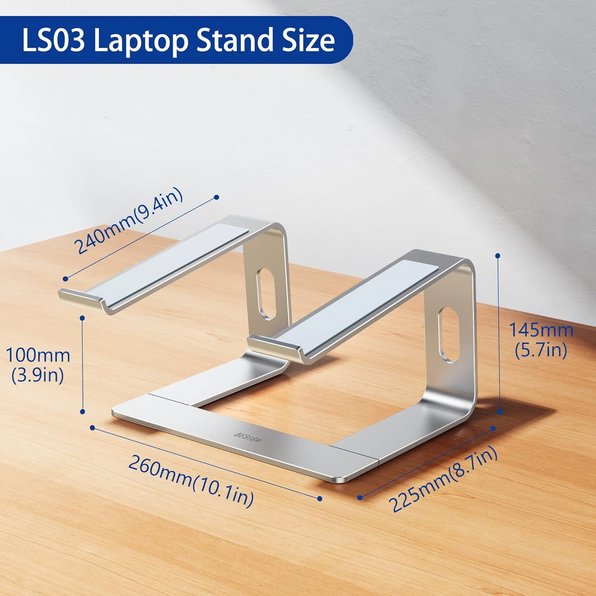 BESIGN LS03 Aluminum Laptop Stand, Ergonomic Detachable Computer Stand, Notebook Riser Compatible with Air, Pro, Dell, HP (Silver)