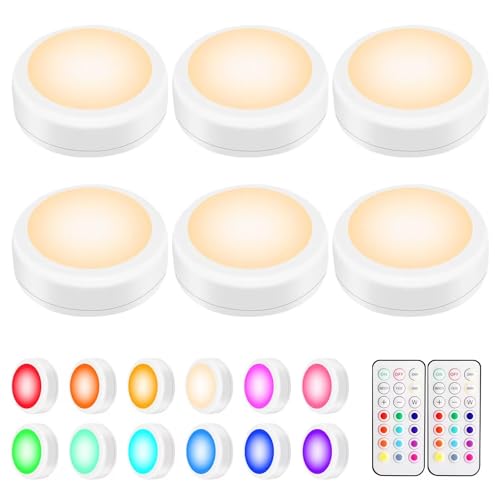 BLS LED Puck Lights with Remote Control, Wireless Under Cabinet & Closet Lighting, RGB 13 Color Changing Lights with Dimmer (6 Pack)