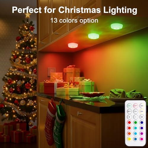 BLS LED Puck Lights with Remote Control, Wireless Under Cabinet & Closet Lighting, RGB 13 Color Changing Lights with Dimmer (6 Pack)