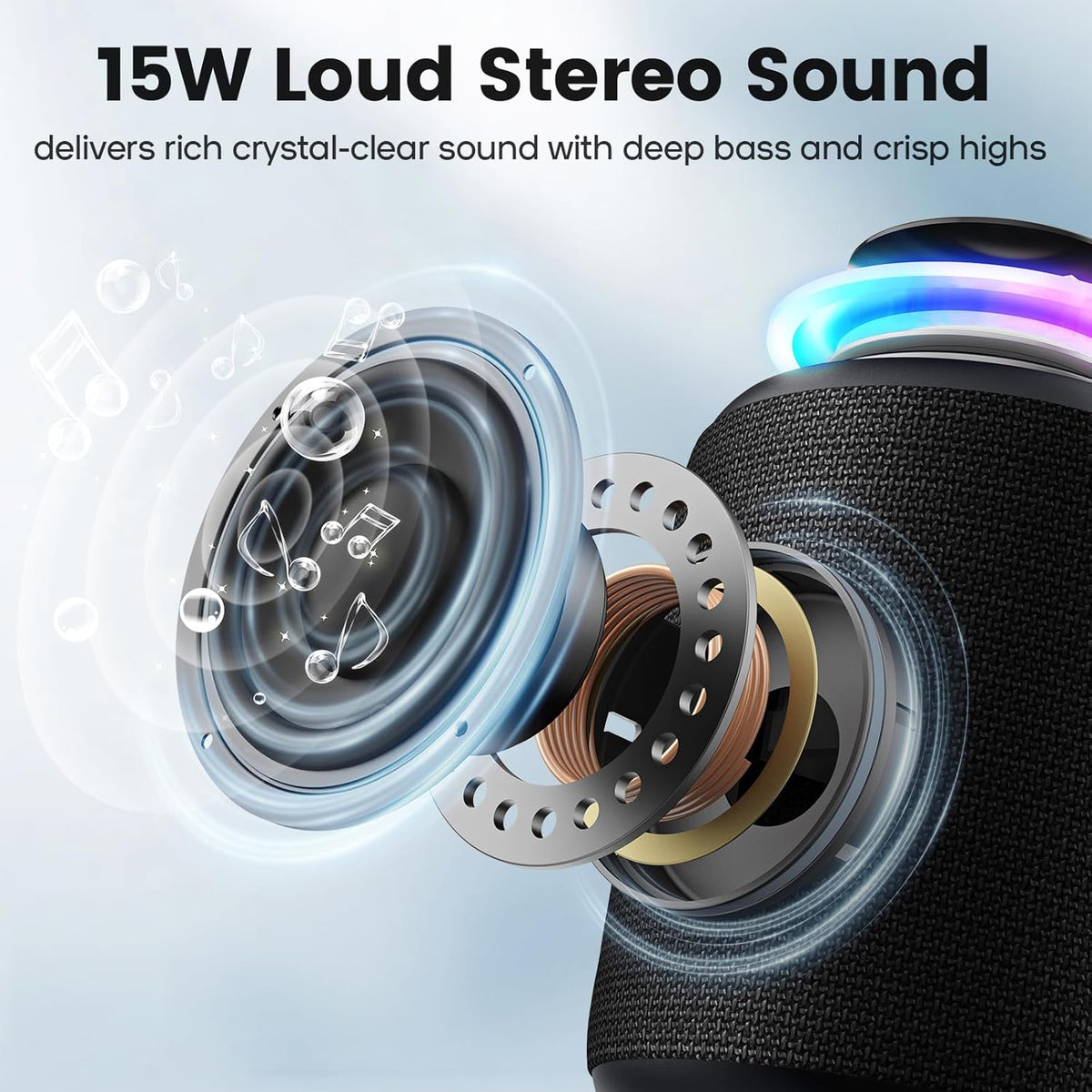 Bluetooth Speaker Wireless, IP67 Waterproof & Dustproof Portable Speaker with Lights, 15W Loud Stereo Sound, 2500mAh Battery All Day Playtime (Black)