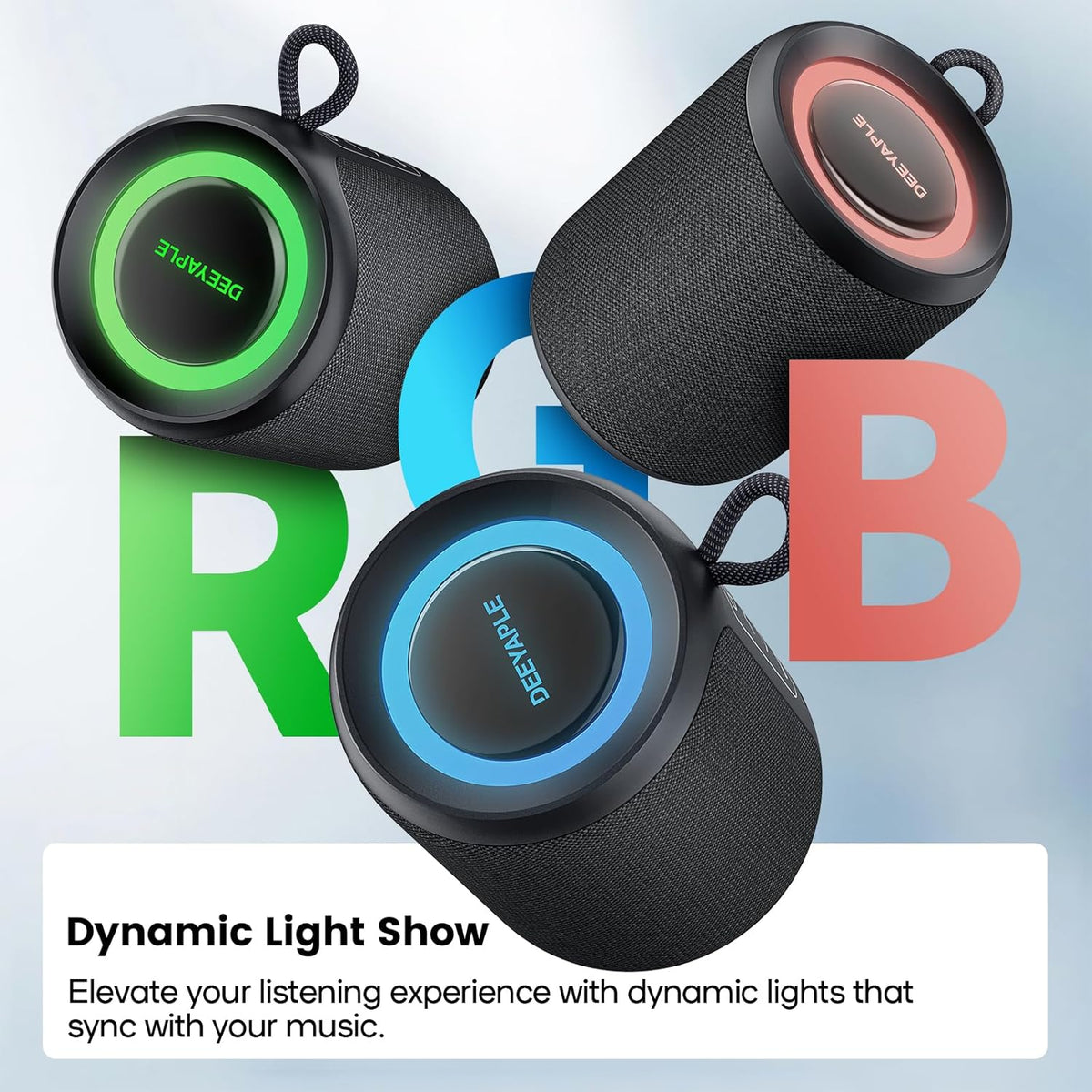 Bluetooth Speaker Wireless, IP67 Waterproof & Dustproof Portable Speaker with Lights, 15W Loud Stereo Sound, 2500mAh Battery All Day Playtime (Black)