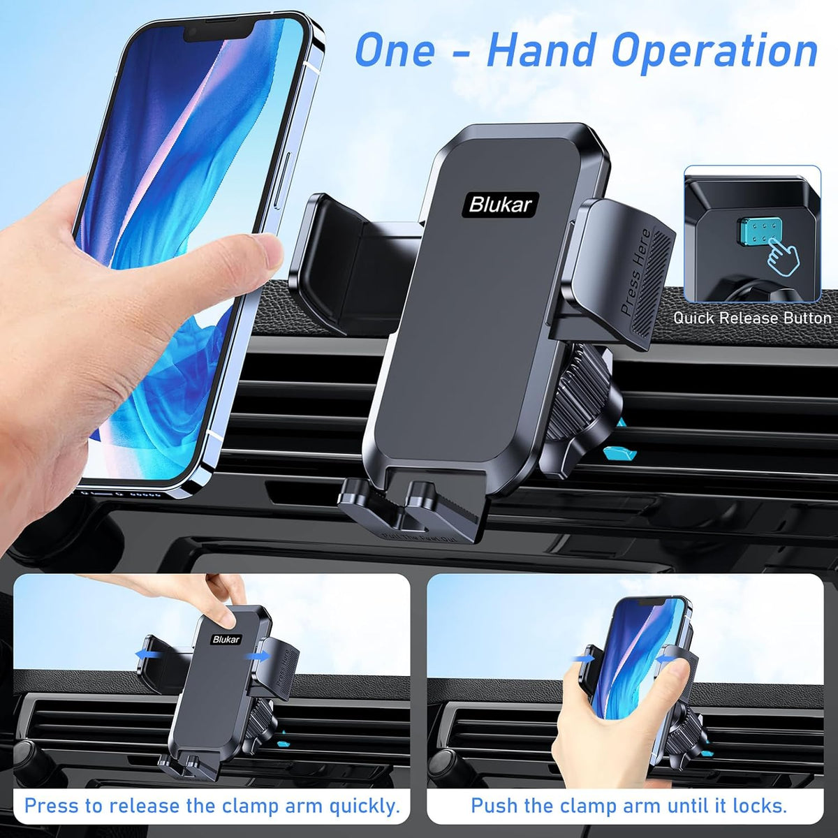 Blukar Car Phone Holder Mount, Super Stable Air Vent Cell Phone Car Mount with Metal Hook Clip, 360° Rotation, One Button Release for iPhone