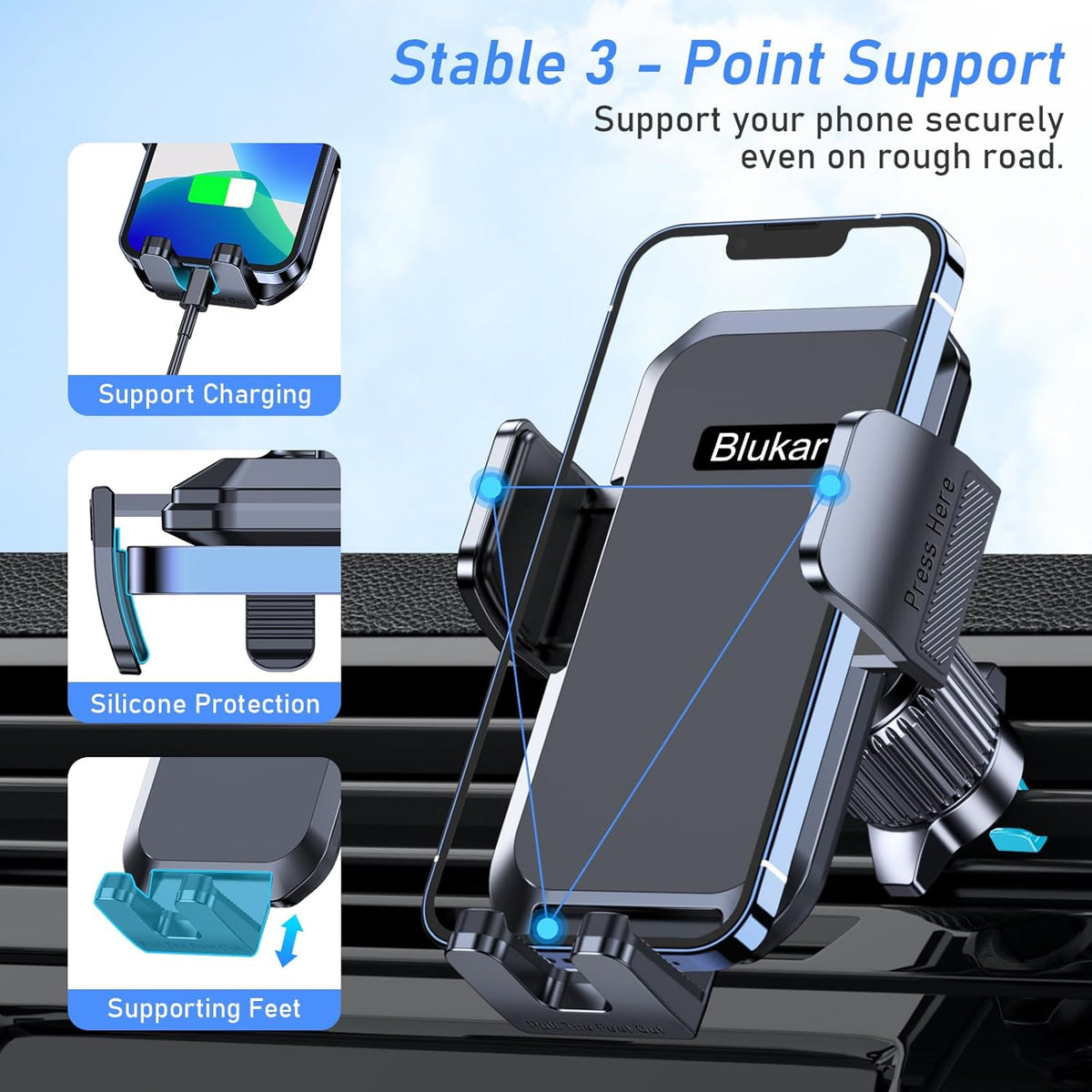 Blukar Car Phone Holder Mount, Super Stable Air Vent Cell Phone Car Mount with Metal Hook Clip, 360° Rotation, One Button Release for iPhone