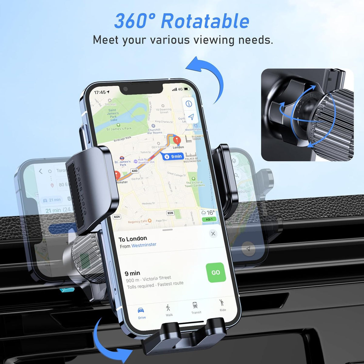 Blukar Car Phone Holder Mount, Super Stable Air Vent Cell Phone Car Mount with Metal Hook Clip, 360° Rotation, One Button Release for iPhone