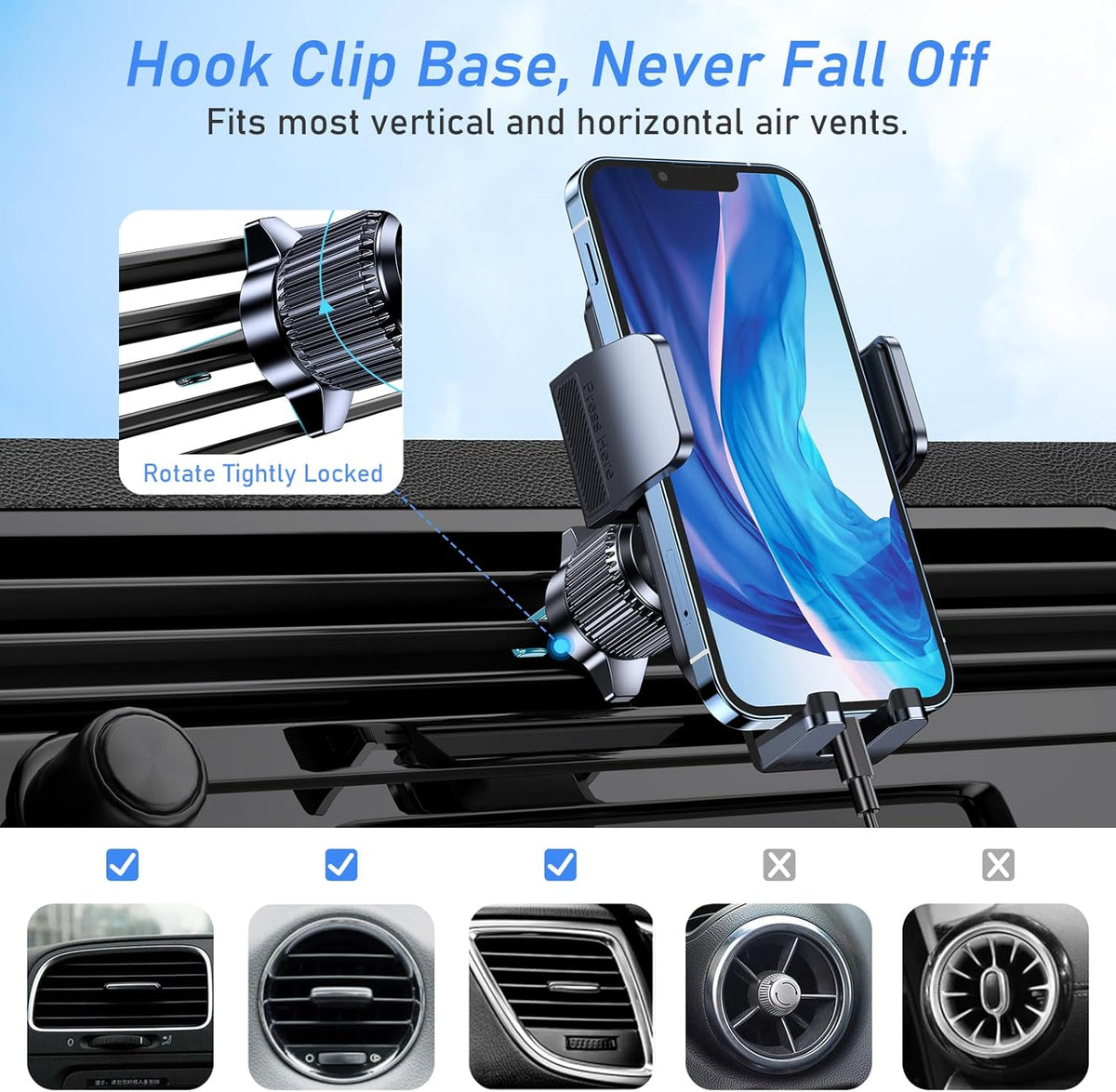 Blukar Car Phone Holder Mount, Super Stable Air Vent Cell Phone Car Mount with Metal Hook Clip, 360° Rotation, One Button Release for iPhone