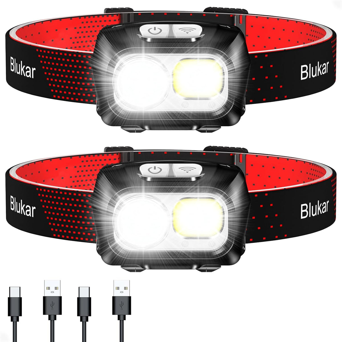 Blukar LED Headlamp Rechargeable, 2000L Super Bright Headlight with Motion Sensor -Dimmable Brightness, 8 Modes (2 Pack)