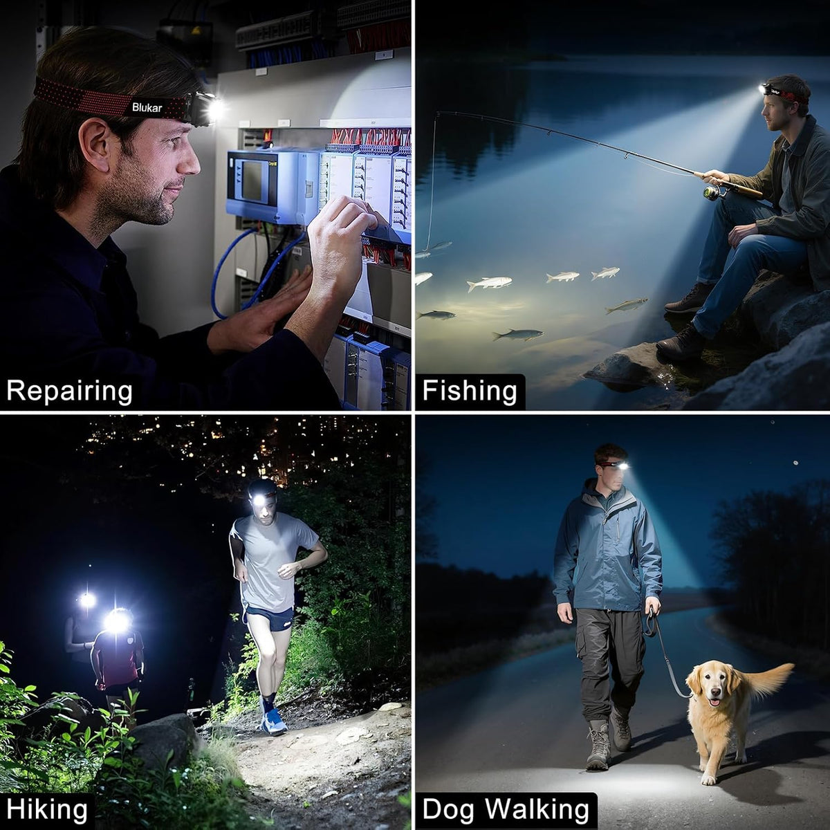 Blukar LED Headlamp Rechargeable, 2000L Super Bright Headlight with Motion Sensor -Dimmable Brightness, 8 Modes (2 Pack)