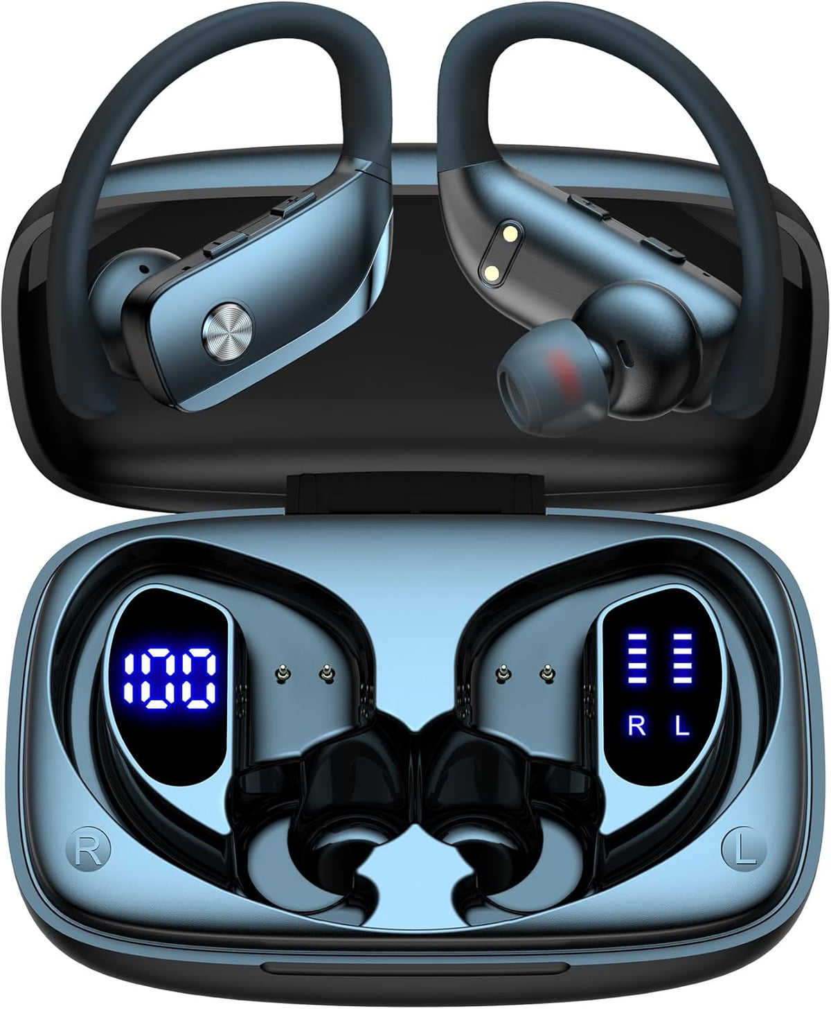 bmani Ear Buds Wireless Earbuds Bluetooth Headphones with 80H Playtime LED Display Case, Over-Ear Hook with Mic, Stereo Sound, Easy Button Controls
