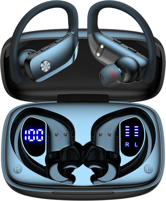 bmani Ear Buds Wireless Earbuds Bluetooth Headphones with 80H Playtime LED Display Case, Over-Ear Hook with Mic, Stereo Sound, Easy Button Controls