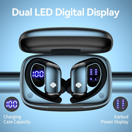 bmani Ear Buds Wireless Earbuds Bluetooth Headphones with 80H Playtime LED Display Case, Over-Ear Hook with Mic, Stereo Sound, Easy Button Controls