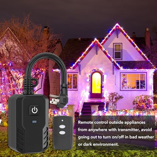 BN-LINK Outdoor Remote Control Outlet Plug Black, Indoor Wireless Outlet Switch Weatherproof Heavy Duty 15A 3-Prong 6-inch Cord 100Ft Range