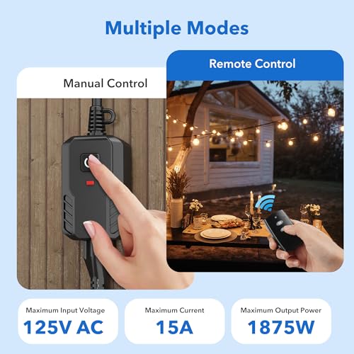 BN-LINK Outdoor Remote Control Outlet Plug Black, Indoor Wireless Outlet Switch Weatherproof Heavy Duty 15A 3-Prong 6-inch Cord 100Ft Range