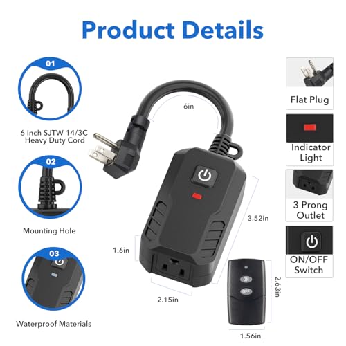 BN-LINK Outdoor Remote Control Outlet Plug Black, Indoor Wireless Outlet Switch Weatherproof Heavy Duty 15A 3-Prong 6-inch Cord 100Ft Range
