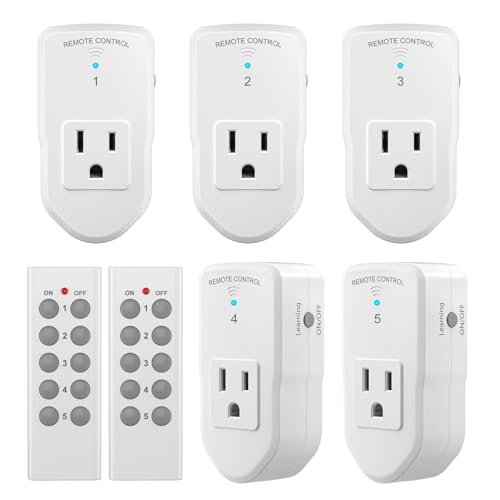 BN-LINK Wireless Remote Control Outlet Electrical Switch for Lights, Fans, Small Appliance, 100ft Long Range White (Learning Code, 5Rx-2Tx) 1200W/10A