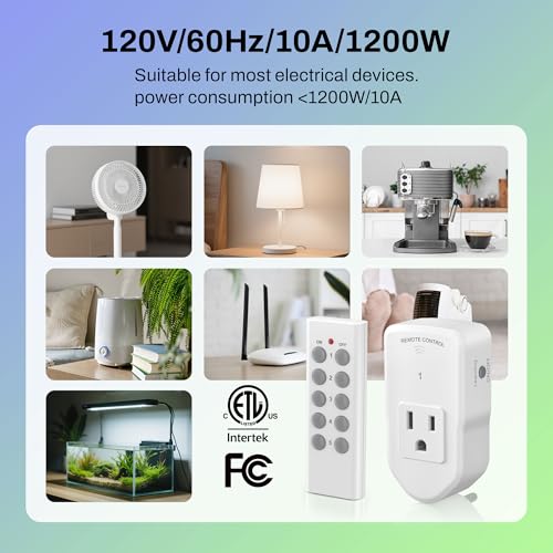BN-LINK Wireless Remote Control Outlet Electrical Switch for Lights, Fans, Small Appliance, 100ft Long Range White (Learning Code, 5Rx-2Tx) 1200W/10A