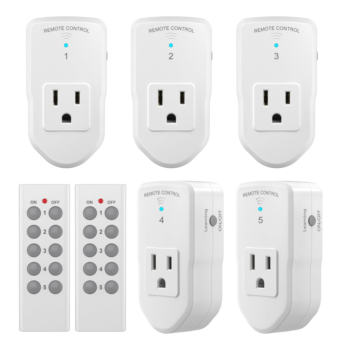 BN-LINK Wireless Remote Control Outlet Electrical Switch for Lights, Fans, Small Appliance, 100ft Long Range White (Learning Code, 5Rx-2Tx) 1200W/10A