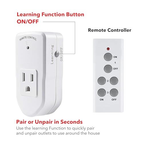 BN-LINK Wireless Remote Control Outlet Electrical Switch for Lights, Fans, Small Appliance, 100ft Long Range White 10A/1200W, 1 Remote + 1 Outlet