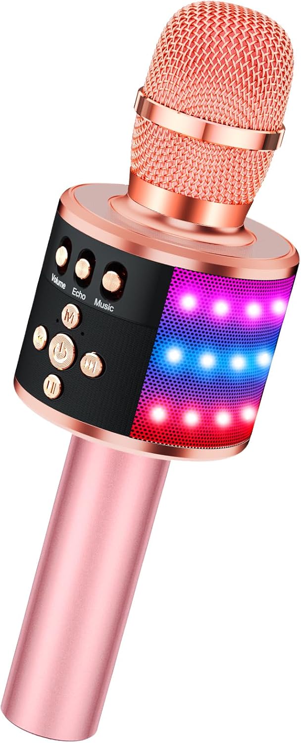 BONAOK Karaoke Microphone for Kids & Adults - Bluetooth Microphones Singing Mic with Disco Lights, Echo Effect (Rose Gold)
