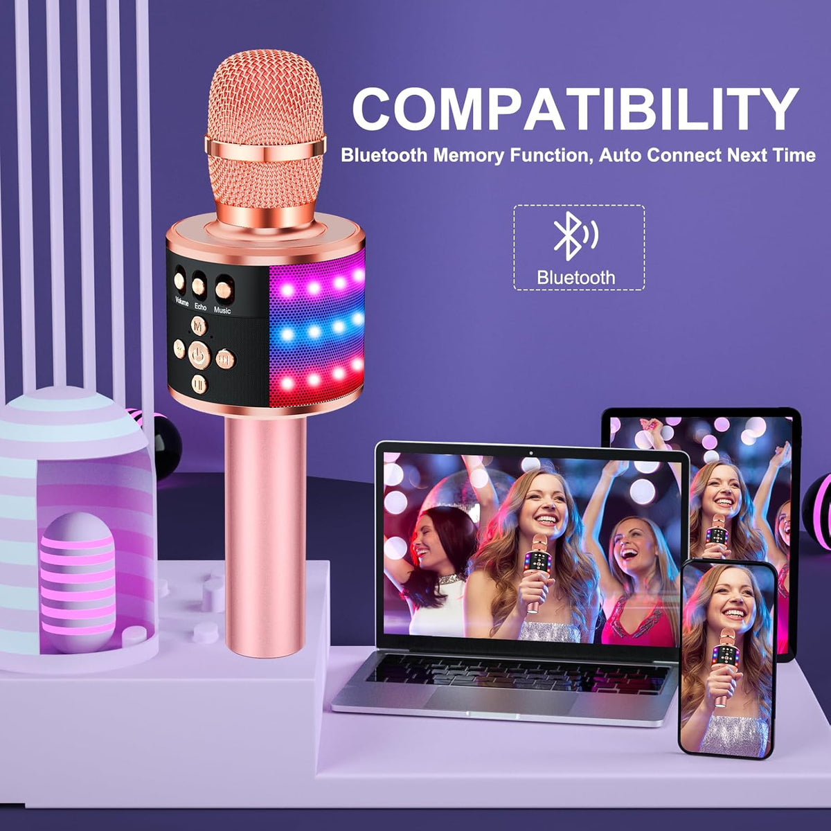 BONAOK Karaoke Microphone for Kids & Adults - Bluetooth Microphones Singing Mic with Disco Lights, Echo Effect (Rose Gold)